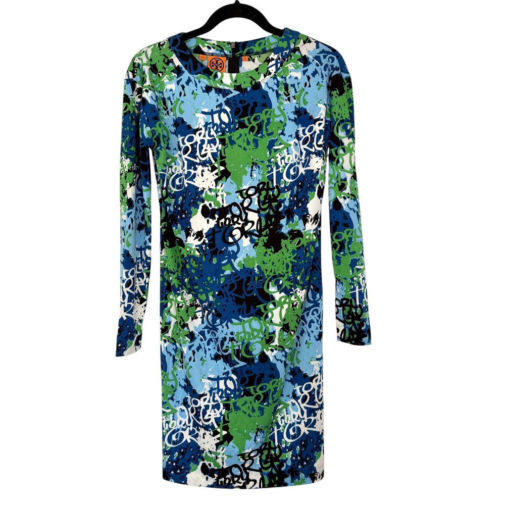 Tory Burch Silk Graffiti Logo Print Long Sleeve Sheath Dress Blue Green XS